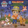 Texte: "VALIENTE", "A Tracker Story", "Una historia de Tracker". Kind mit Hut, Hund, Puma, Fledermäuse und Palmen.