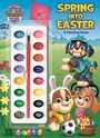 "SPRING INTO EASTER A Painting Book." Drei fröhliche Hunde mit Drachen und Ostereiern im Freien, Malpalette und Pinsel links.