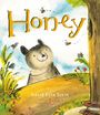 „Honey“ oben, „David Ezra Stein, Author of Leaves“ unten. Ein lächelnder Bär schaut zu einem Baum mit Bienen und Blumen.