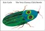 "Eric Carle, The Very Clumsy Click Beetle." Bunter, stilisierter Käfer mit großem grünen Körper und dünnen Beinen.