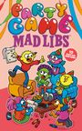 „Party Game Mad Libs.“ Bunte Cartoon-Illustration mit fröhlichen Charakteren bei einer Feier, Partyhüte, Snacks.