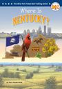 "Where Is Kentucky?" steht in großen Buchstaben vor Louisville Skyline. Prunkvogel, Pferd, Flagge und Landschaft sind sichtbar.