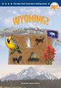 „Where Is Wyoming?“ in großen Buchstaben. Verschiedene Symbole zeigen Wyoming: Vogel, Bison, Geysir, Cowboy, Blume, Flagge.