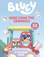 „BLUEY HERE COME THE GRANNIES A COLORING BOOK.“ Zwei comicartige Hunde in einem Auto, umgeben von kleinen Objekten zum Ausmalen.