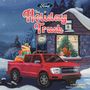 "The Holiday Truck". Illustration: Roter Truck mit Geschenken vor einer Hütte, Fenster zeigt Kinder und Weihnachtsbaum.