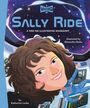 „Who HQ, Sally Ride, A Who HQ Illustrated Biography“ steht oben. Illustration einer Astronautin in einem Raumschiff.