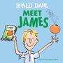 Text: "Roald Dahl MEET JAMES". Illustration: Ein Junge hält ein Buch mit Orange, daneben eine schwebende Orange.