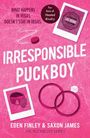 „What happens in Vegas doesn’t stay in Vegas.“ „Irresponsible Puckboy“. Rosa Hintergrund, 2 Polaroid-Bilder, 2 Ringe.
