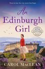 "An Edinburgh Girl" steht über einer Frau vor einer Burg und Landschaft. Klarer Himmel, Logo "Made in Scotland" rechts.