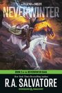 "NEVERWINTER" ist groß in der Mitte. Ein Krieger reitet ein weißes Einhorn, während ein schwarzes Pferd mit Flammen zu sehen ist.