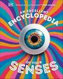"Think you have just five senses? THINK AGAIN! AN EXCELLENT ENCYCLOPEDIA OF YOUR SENSES" auf buntem, wirbelndem Hintergrund mit großem Auge.