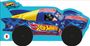 Logo „Hot Wheels - Let’s Race“. Illustration eines blauen Rennwagens mit roten Flammen und gelben Akzenten.