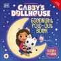 Text: "GABBY'S DOLLHOUSE", "GOODNIGHT FOLD-OUT BOOK", "GLOW IN THE DARK". Illustration: Mädchen und Katze auf Mond.