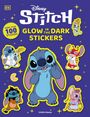 „Stitch: Glow in the Dark Stickers“. Ein fröhlicher, blauer Cartoon-Charakter umgeben von bunten Stickern.