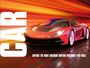 "CAR" in großen weißen Buchstaben; darunter ein roter Sportwagen in Bewegung vor einem unscharfen, orange-gelben Hintergrund.