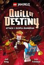 Text: „Quill of Destiny“, „Attack of the Scroll Guardian“, „Jed King“, „Leo Trinidad“. Zwei LEGO Figuren laufen.