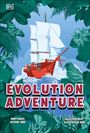 "EVOLUTION ADVENTURE", geschrieben von "AUTHOR HERE", illustriert von "ILLUSTRATOR HERE". Ein rotes Segelschiff, Dschungel.