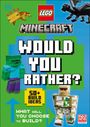 "LEGO MINECRAFT WOULD YOU RATHER? 50+ BUILD IDEAS WHAT WILL YOU CHOOSE TO BUILD?" zeigt Figuren und das LEGO-Logo.
