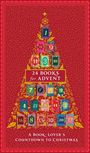 „24 Books for Advent“ in goldener Schrift auf rotem Hintergrund, gestaltet als geschmückter Weihnachtsbaum.