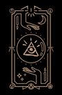 Eine Illustration mit einem Auge in einem Dreieck, umgeben von Händen, Kerzen, einem Mond und mystischen Symbolen.