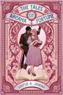 "The Tales of Arcana Fortune" und "Hafsa A. Jawad" in floraler Illustration. Zwei Personen mit einem Buch stehen im Zentrum.