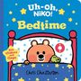"Uh-Oh, Niko! Bedtime" steht groß. Illustration: Ein Bär im Bett mit einem grünem Spielzeug, umgeben von Sternen.