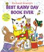 Text: "Richard Scarry's BEST RAINY DAY BOOK EVER". Ein Hase schneidet Bilder, umgeben von Tieren und Bastelmaterial.