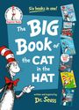 "Six books in one! The BIG Book of the CAT in the HAT by Dr. Seuss. Illustration: Katze mit rotem Hut zeigt auf Bücherstapel."
