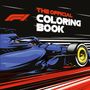Text: "The Official Coloring Book." Ein blaues Rennauto mit gelben Reifen fährt dynamisch nach rechts. Oben links ein rotes F1-Logo.