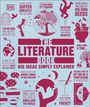Text: "THE LITERATURE BOOK. BIG IDEAS SIMPLY EXPLAINED. A Man Should Suffer Greatly For His Lord." 

Illustration: Verschiedene literarische Symbole und Zitate rund um Literatur.