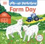 "Farm Day" in großer Schrift, Illustration mit zwei Lämmern, roter Scheune, blauem Traktor auf grünem Feld.