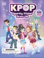 „KPOP Sparkly Sticker Dress-Up“, „OVER 300 reusable stickers“. Illustration von fünf stilvoll gekleideten Charakteren.