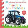 Text: "bilingual touch and feel, Tractors, Los tractores, English Spanish." Abbildung eines blauen Traktors.