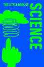 „THE LITTLE BOOK OF SCIENCE“ in blauem Hintergrund. Illustration: Grüner Wirbel, Wolkenform, stilisierte Hand.