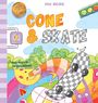 „CONE & SKATE“ in großen Buchstaben, dekoratives Skateboard, bunte Cartoon-Landschaft, fröhliche Charaktere.