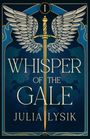 "WHISPER OF THE GALE, JULIA LYSIK" steht vor einem Schwert mit Flügeln, umrahmt von blau-goldenen Wolkenornamenten.