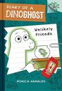 Texte: "Diary of a Dinoghost", "Unlikely Friends", "Monica Arnaldo". Illustration: Ein Dinosaurier-Geist schaut einen Goldfisch im Glas an.