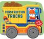 Text: "CONSTRUCTION TRUCKS", "Lift-the-flaps inside!". Illustration eines Lastwagens mit Tieren in Bauhelmen.