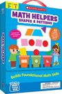 Text: "Math Helpers Shapes & Patterns", "Builds Foundational Math Skills", "Ages 3+", "Level 1". Illustration von Kindern mit Formen.