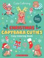 "Christmas Capybara Cuties Cozy Coloring Book" steht in großen Buchstaben. Illustrationen von Kapybaras in weihnachtlichem Umfeld.