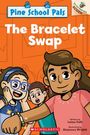 „Pine School Pals: The Bracelet Swap“. Drei fröhliche Kinder, eines tauscht Armbänder. Bunte Illustration.