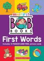 "my first BOB BOOKS First Words" und "Includes 10 TOUCH-AND-FEEL picture cards". Illustrationen von Baumm, Feuerwehrauto, Socken.