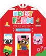 "Noisy Farm: Who will you meet? With noisy sliders." Ein rotes Scheunenmotiv mit zeichnerischen Tieren: Küken, Schaf, Hund, Huhn, Schwein.