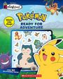 Text: "Pokémon Ready for Adventure". Pikachu im Vordergrund, diverse Pokémon als Sticker, darunter Schiggy und Glumanda.