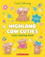 "Highland Cow Cuties: Cozy Coloring Book." Illustration von niedlichen Highland-Kühen mit Blumen und Herzen auf gelbem Hintergrund.