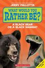 Text: "What Would You Rather Be? A Black Bear or a Black Mamba? Jerry Pallotta." Illustration eines Bären und einer Schlange.