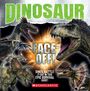 „Dinosaur Face-Off! Dinos battle it out in this epic survival guide!“ Mehrere Dinosaurier in aggressiver Pose. Logo: SCHOLASTIC.