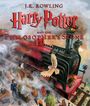 "J.K. Rowling. Harry Potter and the Philosopher's Stone. Illustrated by Jim Kay." Eine rote Dampflok mit Eule und Figuren.