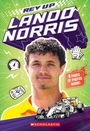 „REV UP LANDO NORRIS“, „8 PAGES OF PHOTOS INSIDE!“. Illustration eines jungen Mannes, Rennwagen und Motorsport-Symbole.
