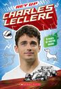 "Rev Up Charles Leclerc" oben, "8 pages of photos inside!" daneben. Illustration mit Rennwagen, Helm, Strecke, Hund.